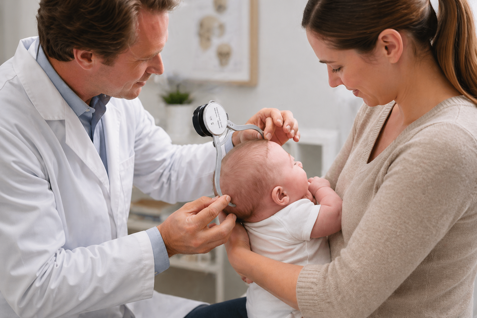 Illustrative example of a clinician using a cranial caliper while a parent holds an infant