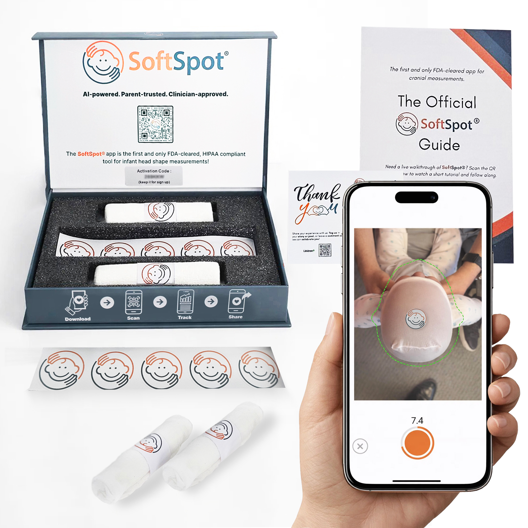 SoftSpot measurement kit beside a smartphone showing the guided infant head-shape workflow