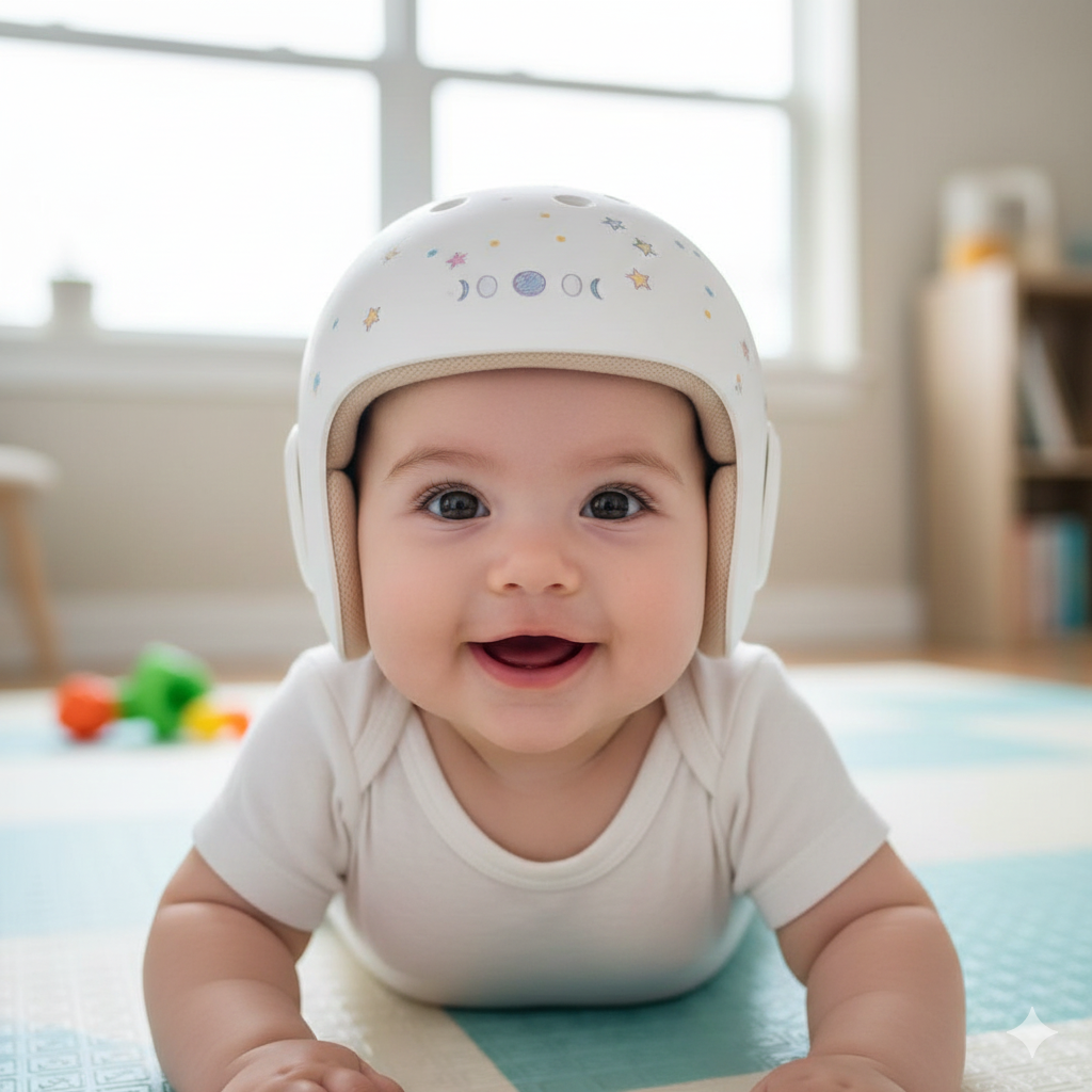 Baby wearing a custom cranial remolding helmet